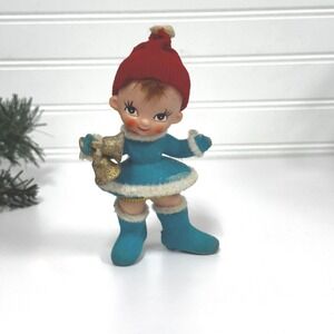 Vintage Flocked Girl Figurine: Christmas Bells, Blue Dress